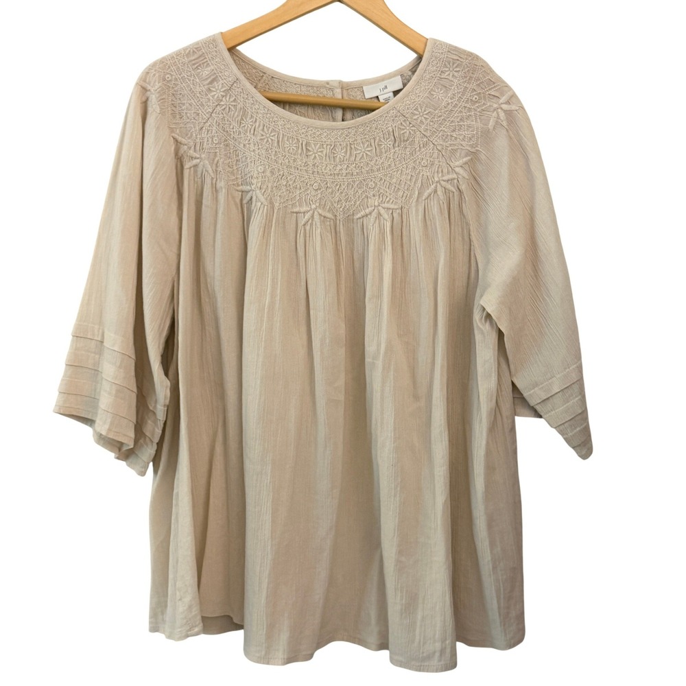 J. Jill Peasant Blouse Womens Medium Beige Embroidered Gauze 3/4 Sleeve